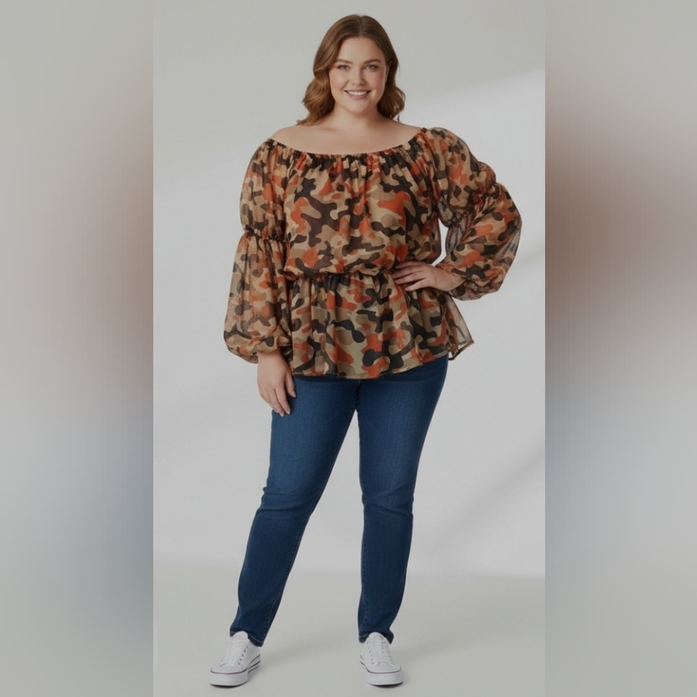 Ashley Stewart Camouflage Off-Shoulder Peasant Blouse in Brown and Orange